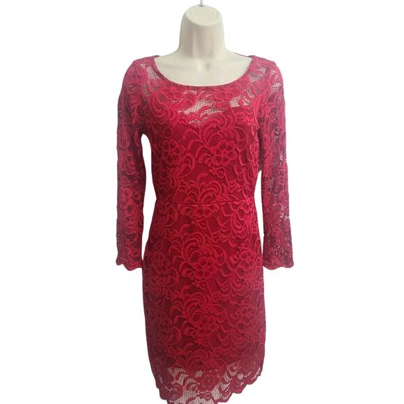 Ambiance Dark Red Lace Sheath Mini Fit & Flare Dress Crew Neck Women Size M - Picture 1 of 5